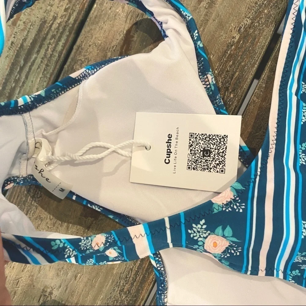 Cupshe NWT Sz Medium One Piece Swimsuit W/ Cutouts, Blue Floral & Stripes Print